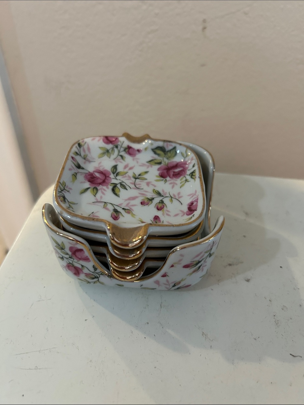 Vintage set of 4 Porcelain Rose Floral ashtrays  with Gold Trim Leftons